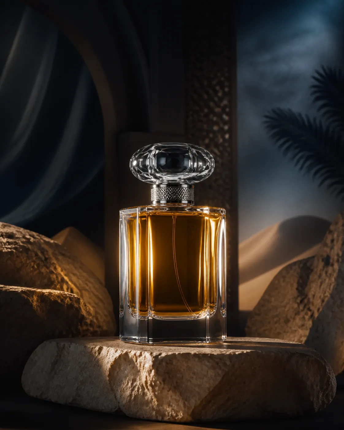 A Khannah perfume bottle on a rock in warm light against a desert backdrop