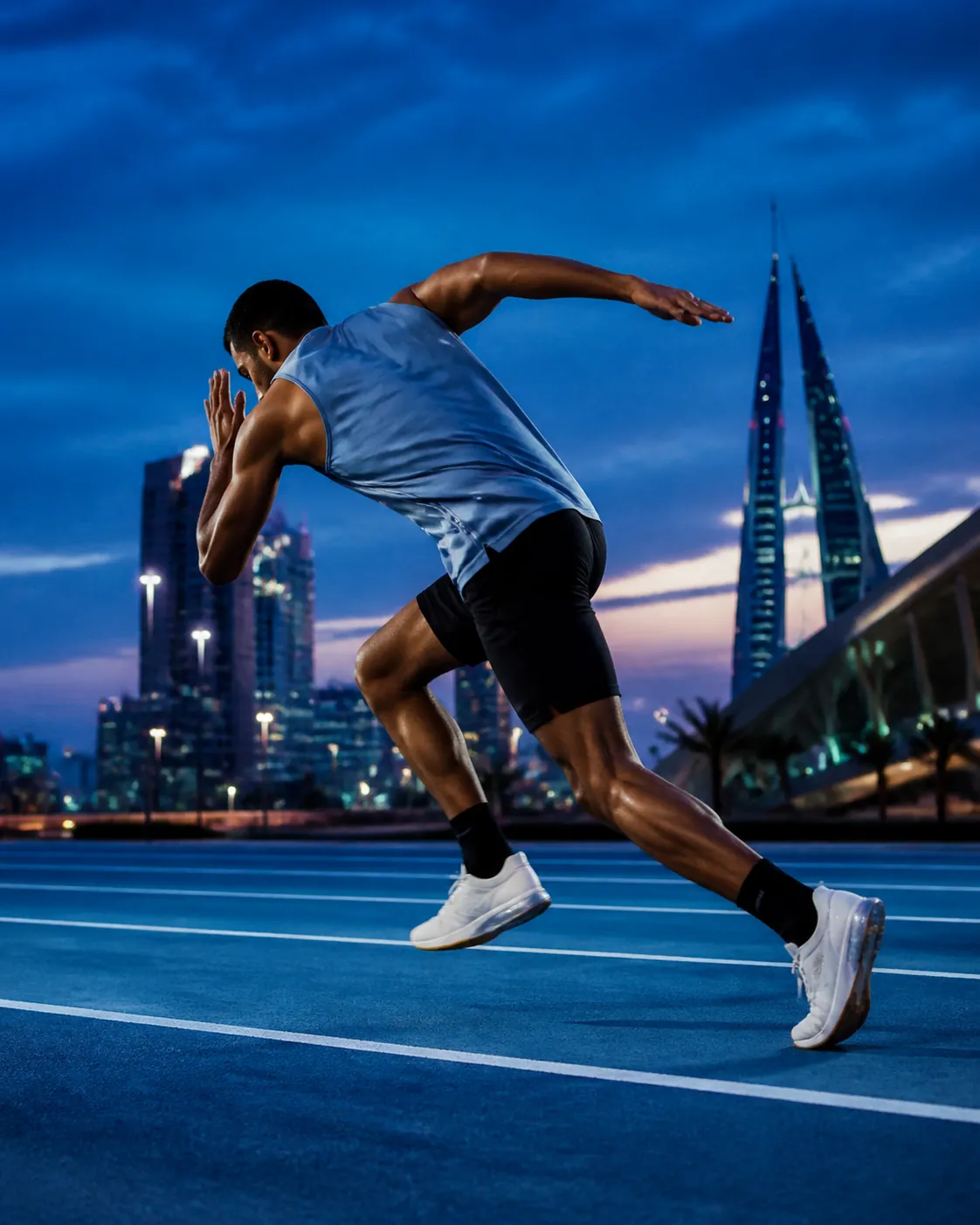 A sprinter in the starting position on a blue track, with the Bahrain World Trade Center in Manama behind